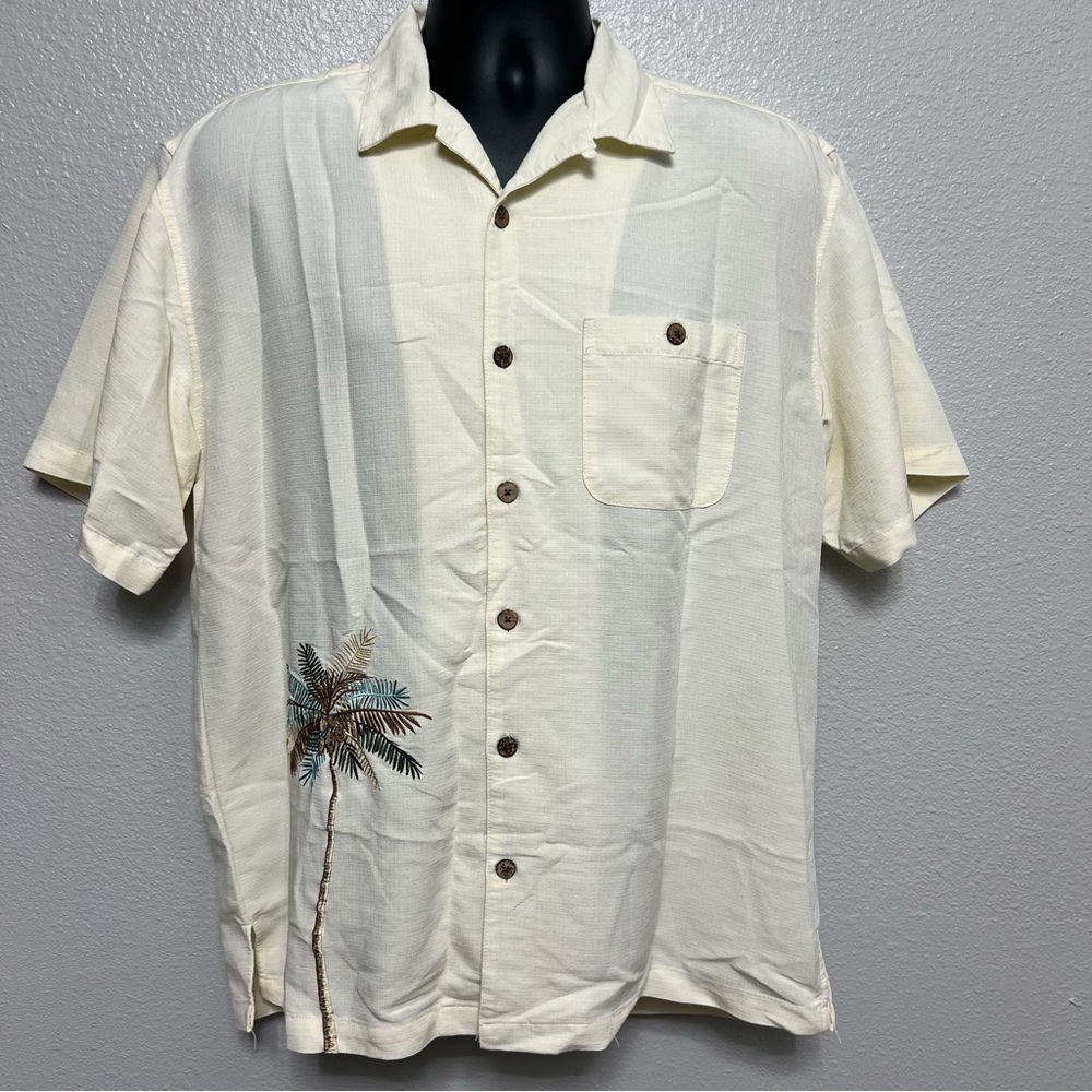 Havana Jack's Cafe Men's‎ Large Palm Tree Embroidered Camp Shirt Cream Beige